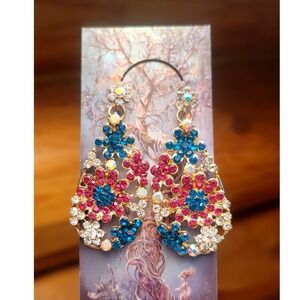 NEW Sparkling Floral Dangle Earrings Blue Pink Crystal Rhinestone Statement